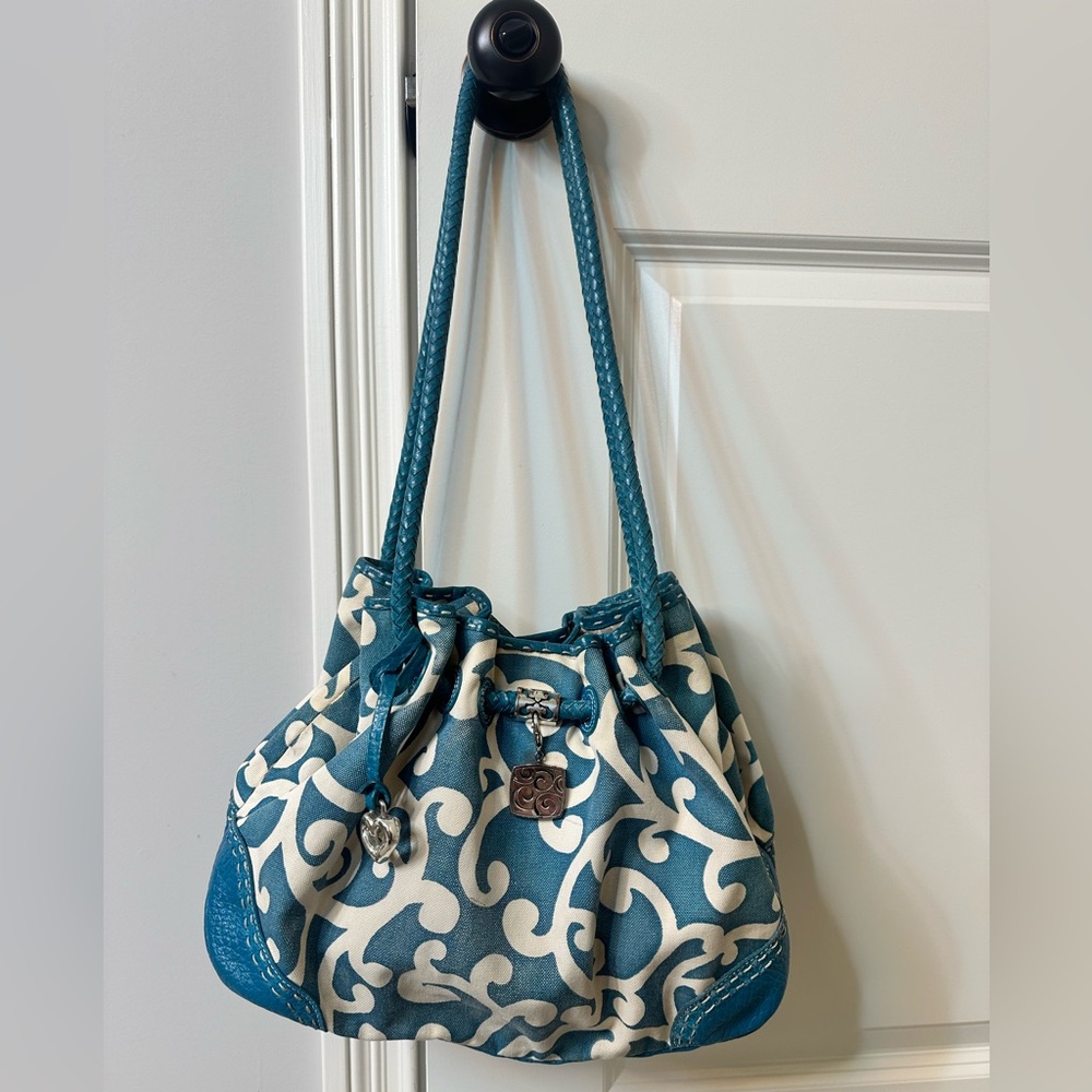 Brighton Damask print leather bottom canvas body Teal Cream Handbag shoulder